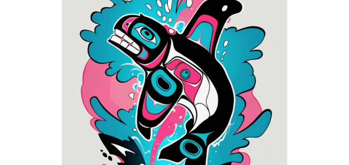 Orca Jumping pink/blue, Graffiti print,Tlingit and Haida totem design by Native American artist Wéidaaká Yóodóohaa