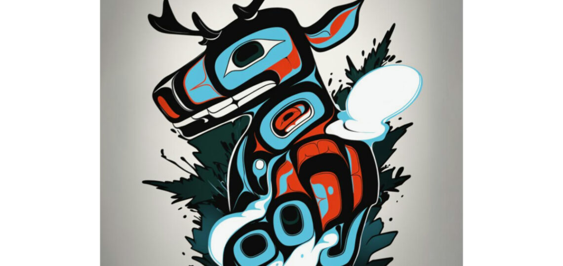 Deer Graffiti, black/blue/red, print, Tlingit and Haida totem design by Native American artist Wéidaaká Yóodóohaa