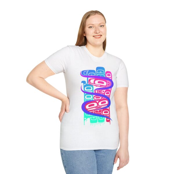 Confluence: The Rivers of Existence - Neon Unisex T-Shirt, Tlingit and Haida totem design by Native American artist Wéidaaká Yóodóohaa - Image 17