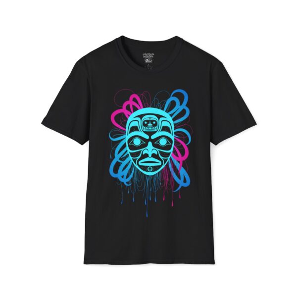 Shaman Mask: Mystic Weave - Neon Unisex T-Shirt, Tlingit and Haida totem design by Native American artist Wéidaaká Yóodóohaa