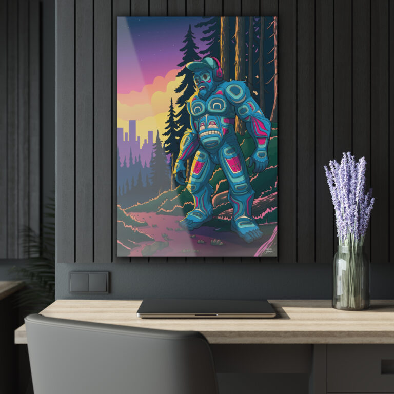 Sasquatch in Tlingit formline overlooking a city skyline at sunrise, as he merges back into the forest of the pacific northwest.