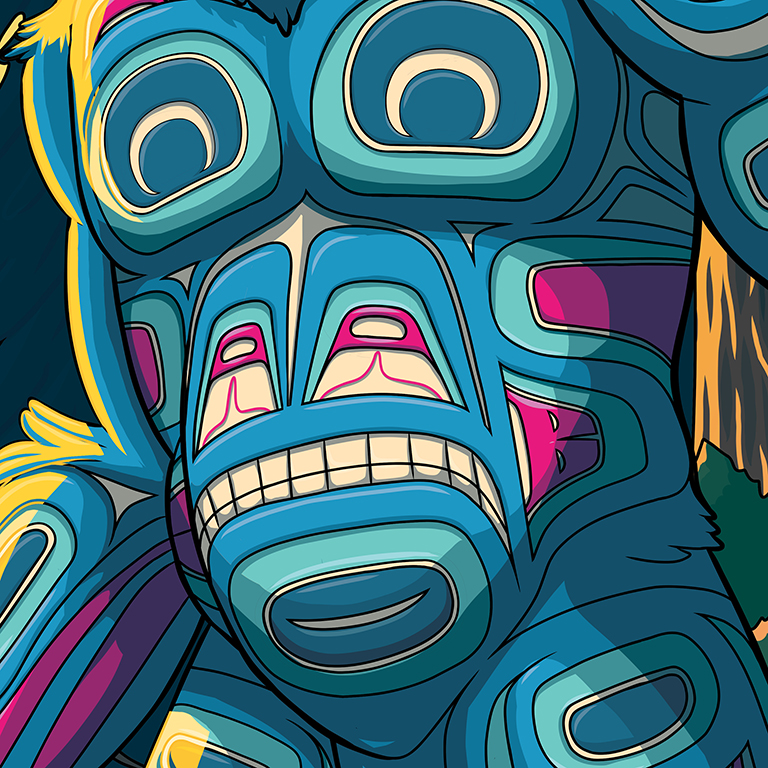 Closeup of the Tlingit formline primate face in the stomach of the sasquatch