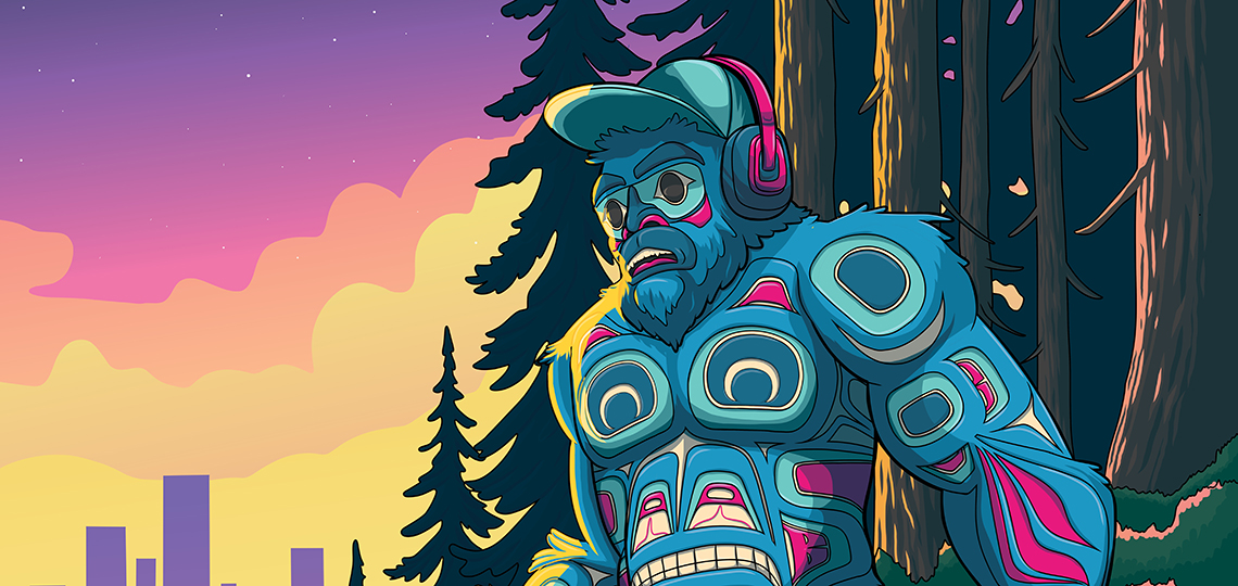 a Native American Sasquatch at sunrise, covered in Tlingit Formline designs