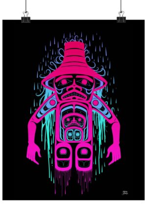 Neon Rainkeeper print, Tlingit and Haida totem design by Native American artist Wéidaaká Yóodóohaa