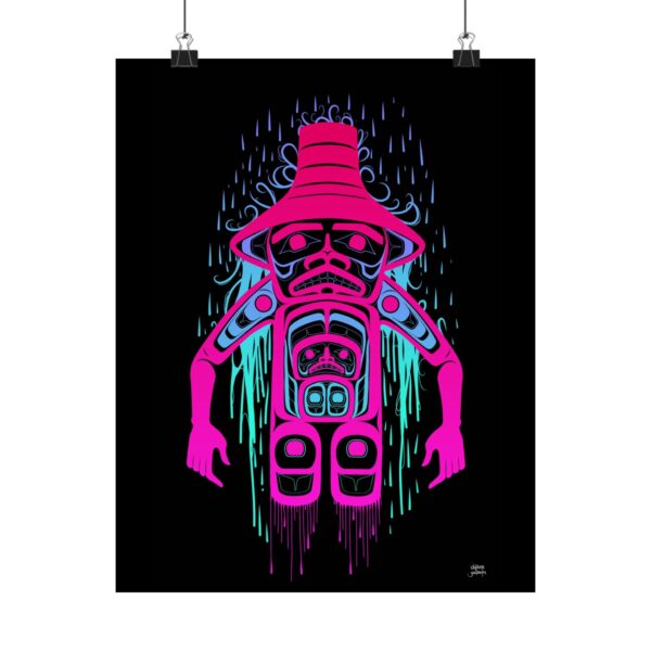 Neon Rainkeeper print, Tlingit and Haida totem design by Native American artist Wéidaaká Yóodóohaa
