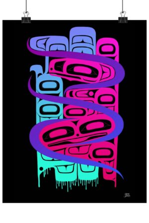Neon Raven and Frog Confluence print, Tlingit and Haida totem design by Native American artist Wéidaaká Yóodóohaa