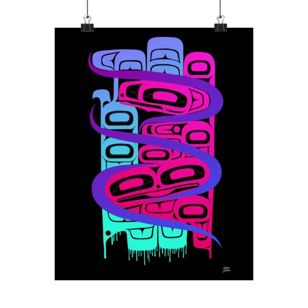 Neon Raven and Frog Confluence print, Tlingit and Haida totem design by Native American artist Wéidaaká Yóodóohaa