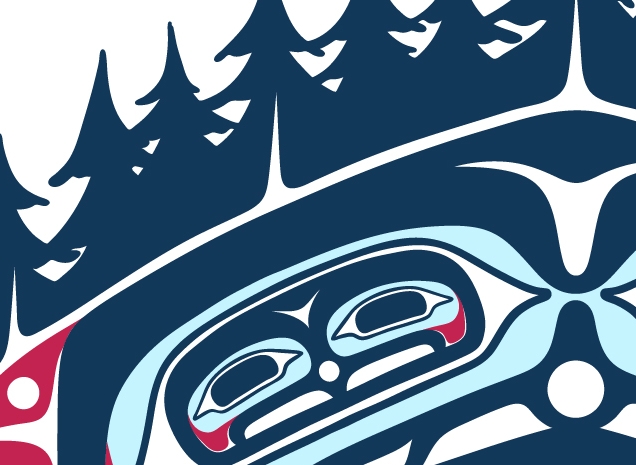 Detail shot of the formline joinery and textures, showing the precision of the digital tools used to create the traditional shapes.