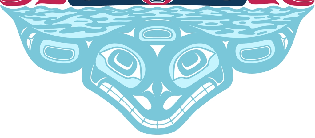 Close-up of the lower half of the piece showing the Orca in monochromatic blue formline, its pectoral fins spread wide as it swims beneath the water line.