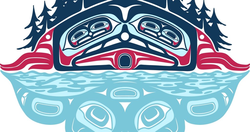 A digital art piece on a white background featuring a vertical, diamond-shaped composition divided by a water line. The top half is vibrant with traditional red, black, and blue, while the bottom half is monochromatic blue.