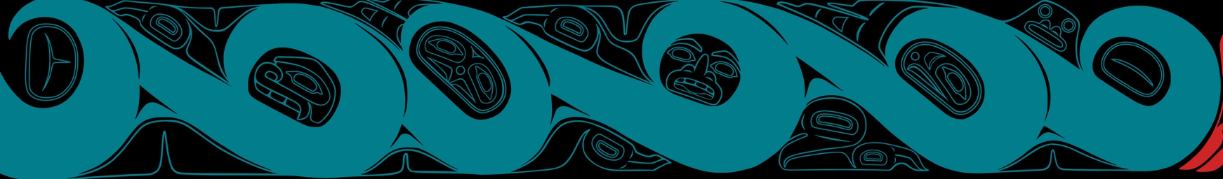 Detail of the mid-section showing large teal waves with spirit faces, wings, arms, and legs embedded within the forms. Raven and eagle ovoids appear between the waves.