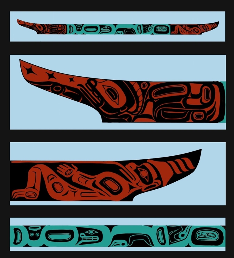 Early design proposal showing the three monochromatic sections: red stern, teal mid-section, and black bow, with formline figures on each.